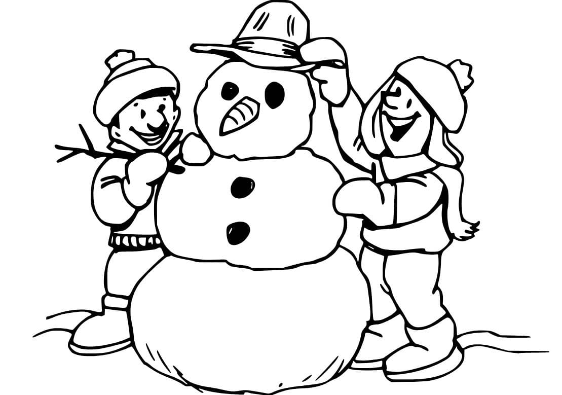 Dibujos de Dos niños felices haciendo un muñeco de nieve para colorear