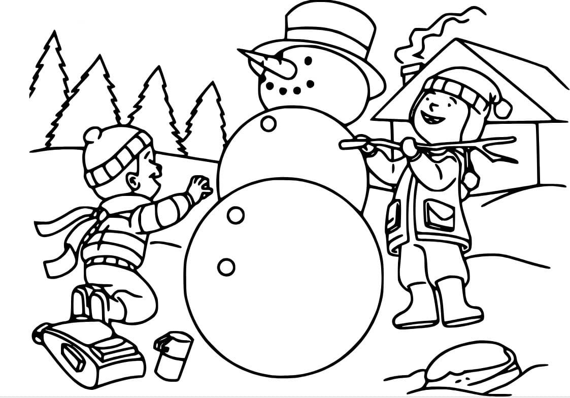 Dibujos de Dos niños haciendo un muñeco de nieve para colorear