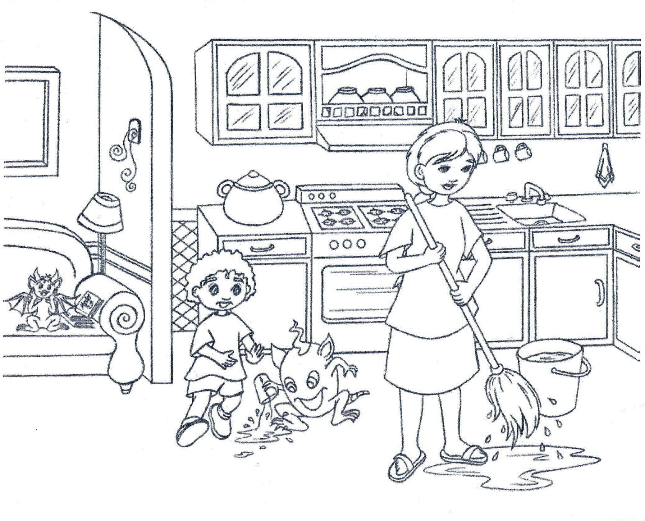Dibujos de Dos Niños y la Bestia en la Cocina para colorear
