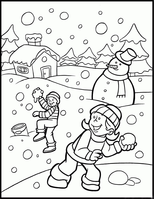 Dibujos de Dos Niños y Muñeco de Nieve en Invierno para colorear