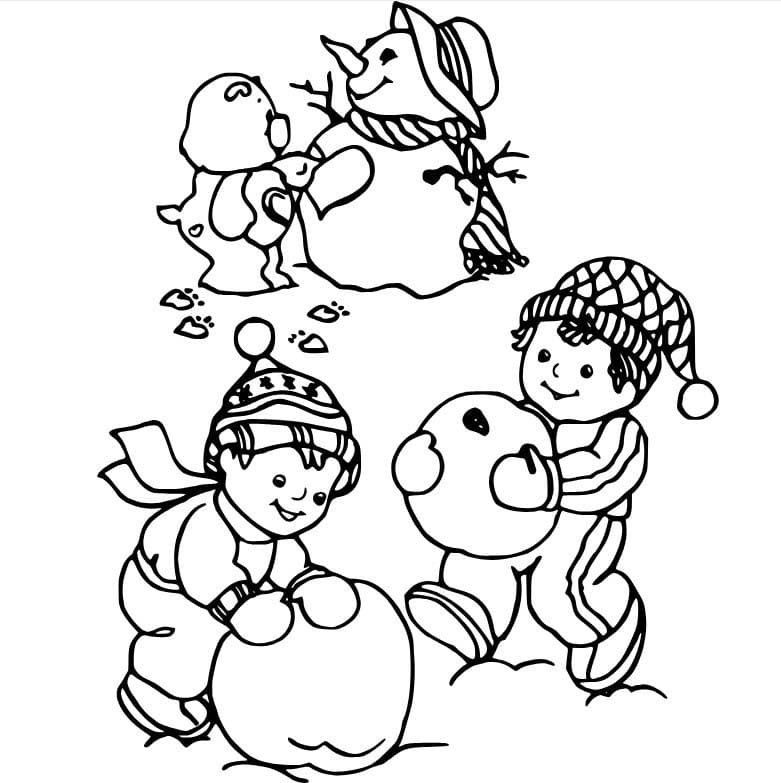 Dibujos de Dos niños y un oso haciendo un muñeco de nieve para colorear