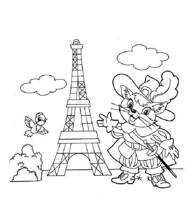 Dibujos de El Gato Con Botas Frente a La Torre Eiffel para colorear
