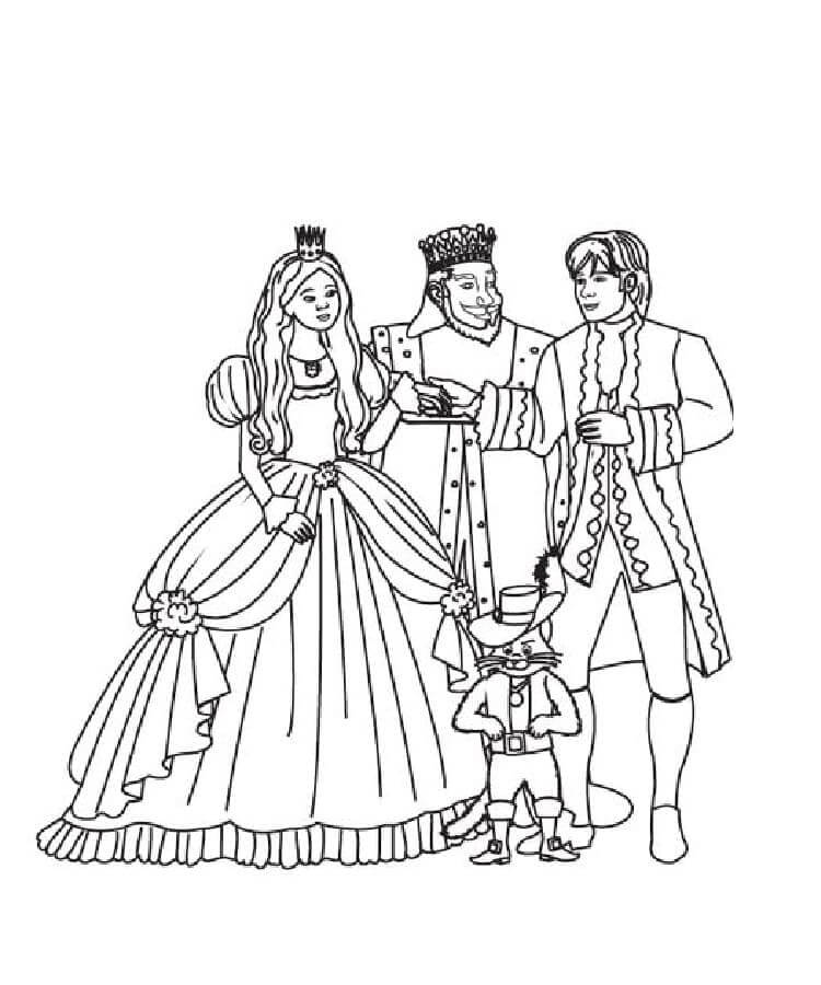 Dibujos de El Gato Con Botas, Marqués, Princesa y Rey para colorear