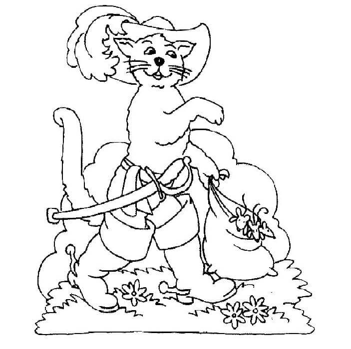 Dibujos de El Gato Con Botas y Una Bolsa De Ratones para colorear