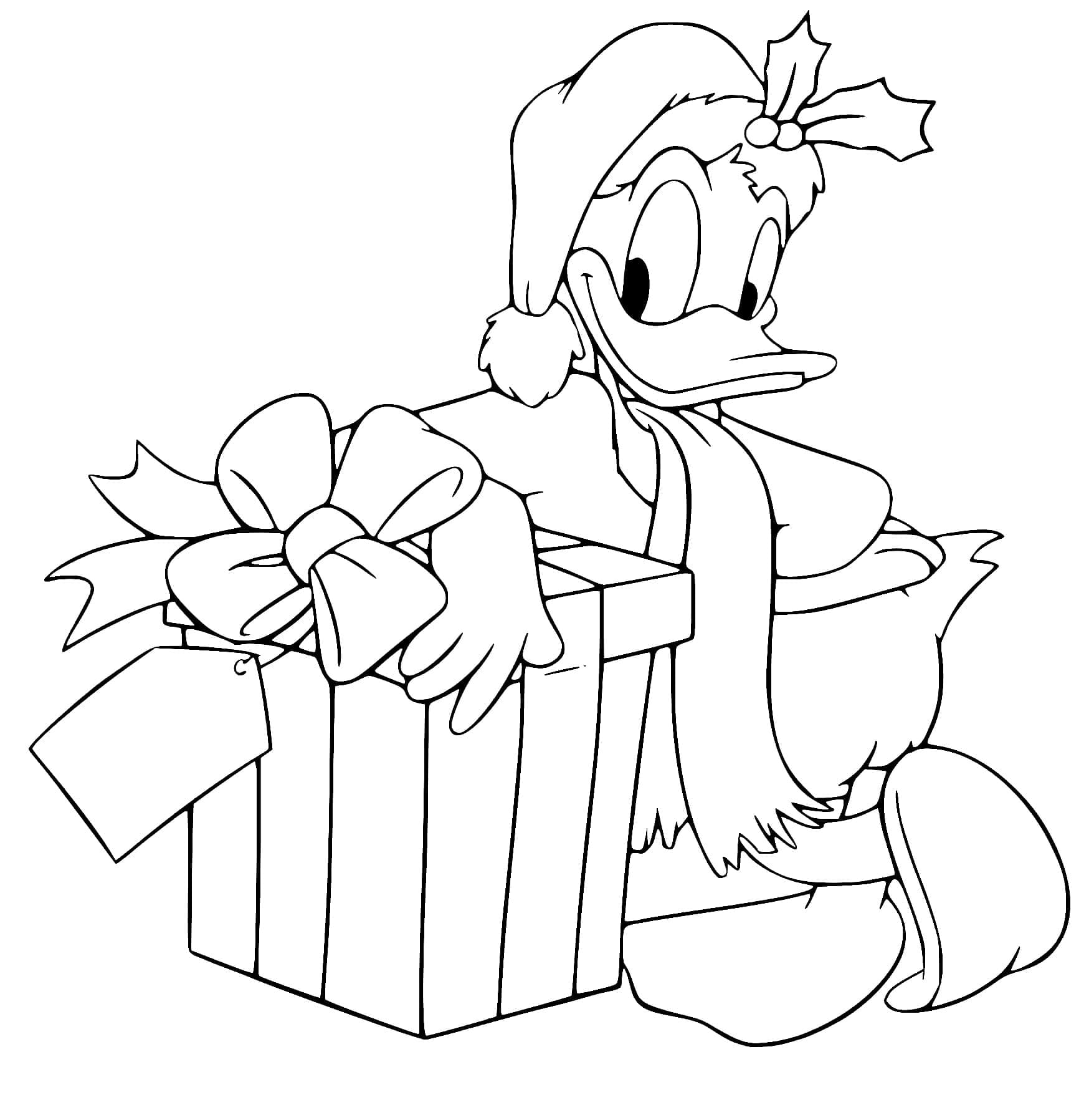 Dibujos de El pato Donald y el regalo de Navidad para colorear