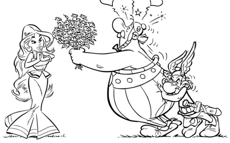 Dibujos de El Romántico Obelix Regala Flores a Una Bella Dama para colorear