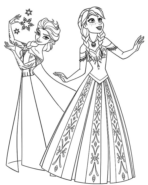 Dibujos de Elsa, Anna Bailando y Cantando para colorear