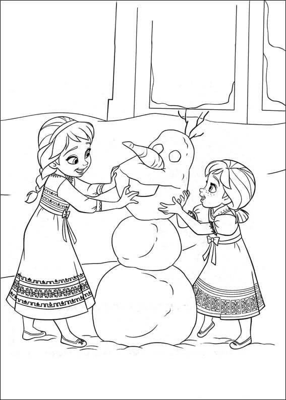 Dibujos de Elsa y Anna Construyendo Olaf para colorear