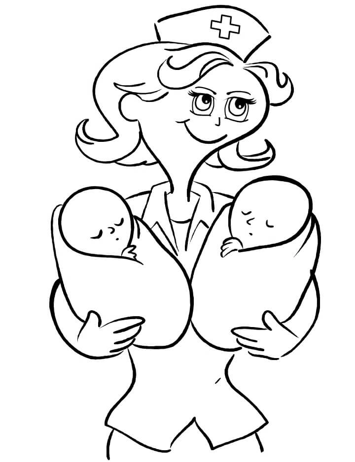 Dibujos de Enfermera Abraza a dos Bebés para colorear