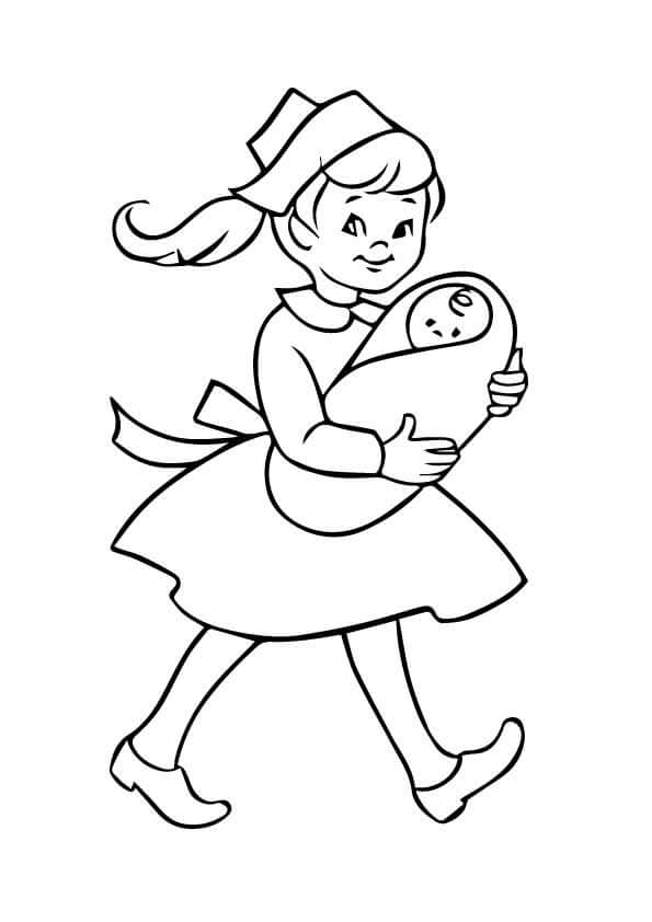 Dibujos de Enfermera Abrazar Bebé y Caminar para colorear