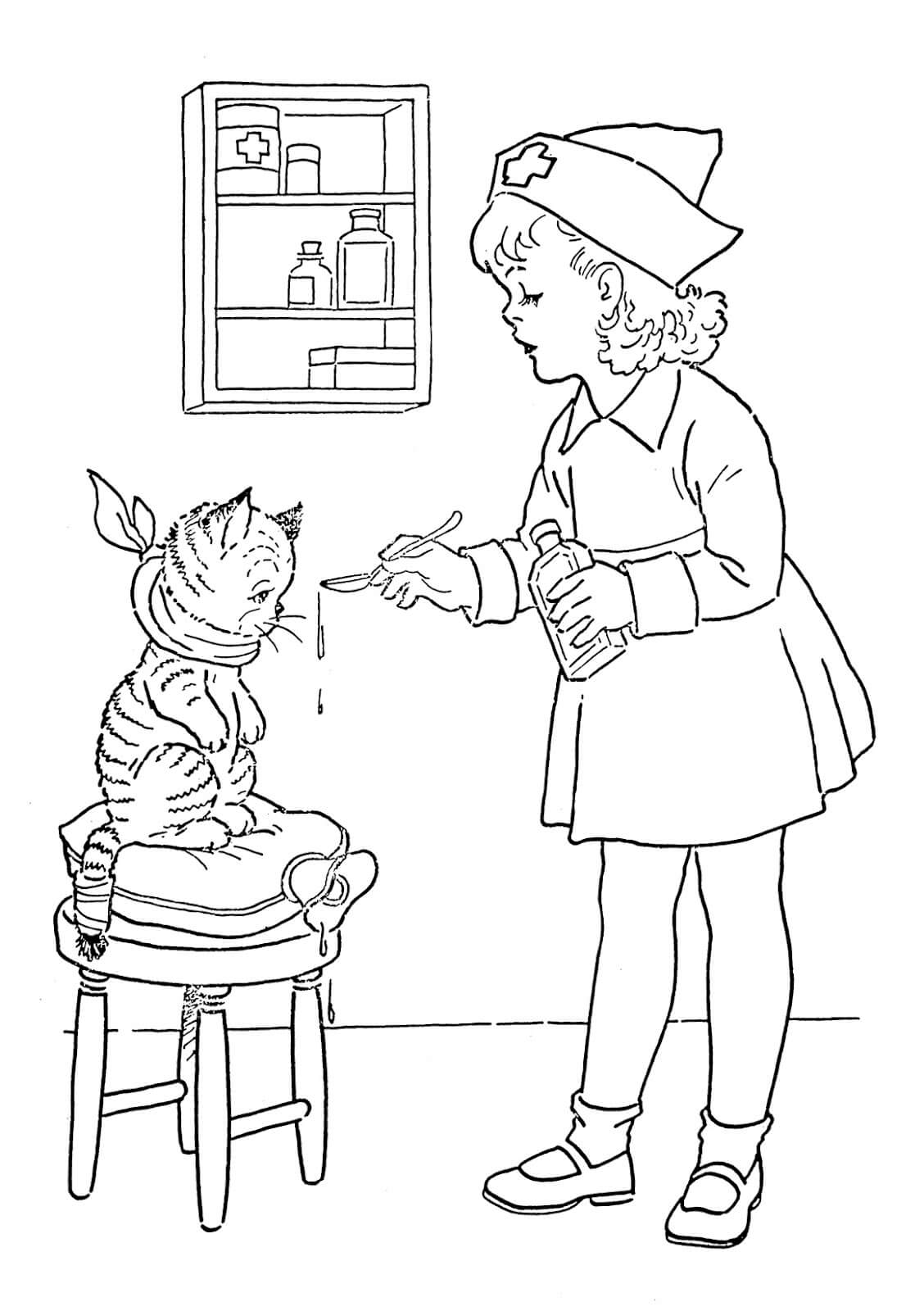 Dibujos de Enfermera Dando Medicina al Gato para colorear