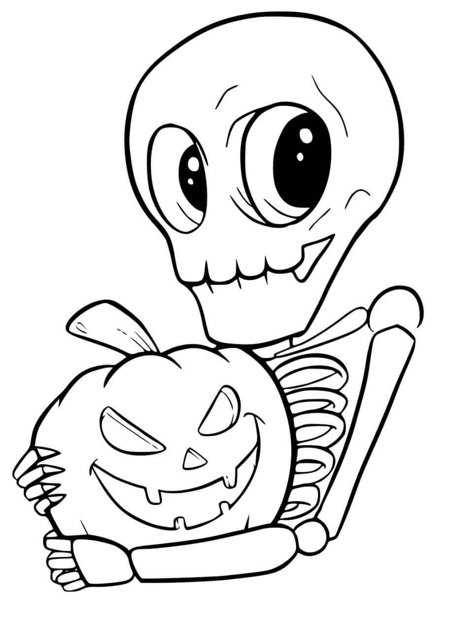 Dibujos de Esqueleto sosteniendo Calabaza para colorear