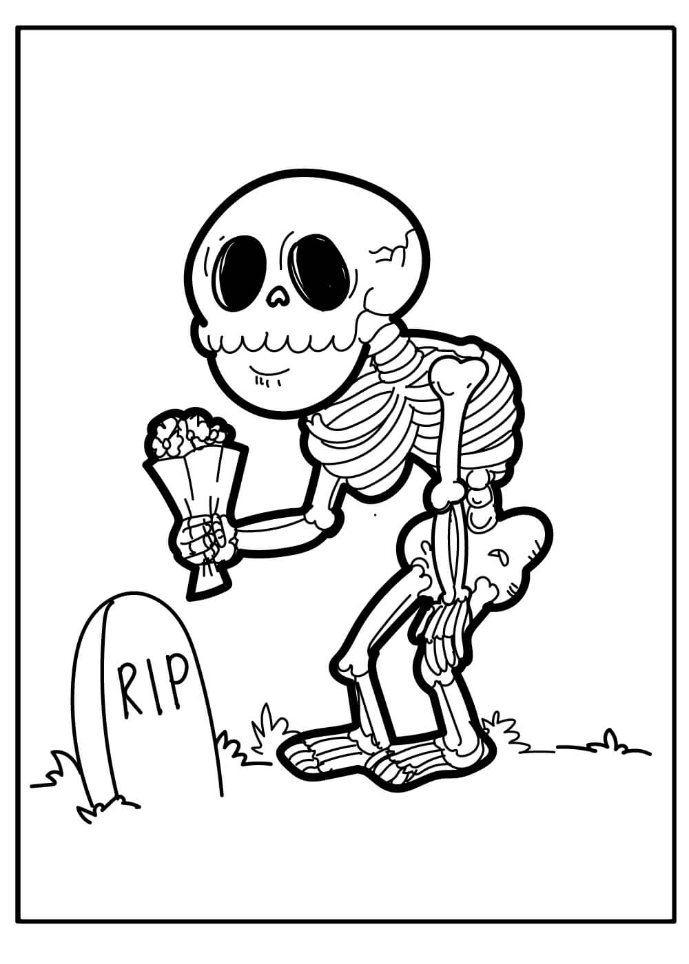 Dibujos de Esqueleto Sosteniendo Ramo con Lápida para colorear