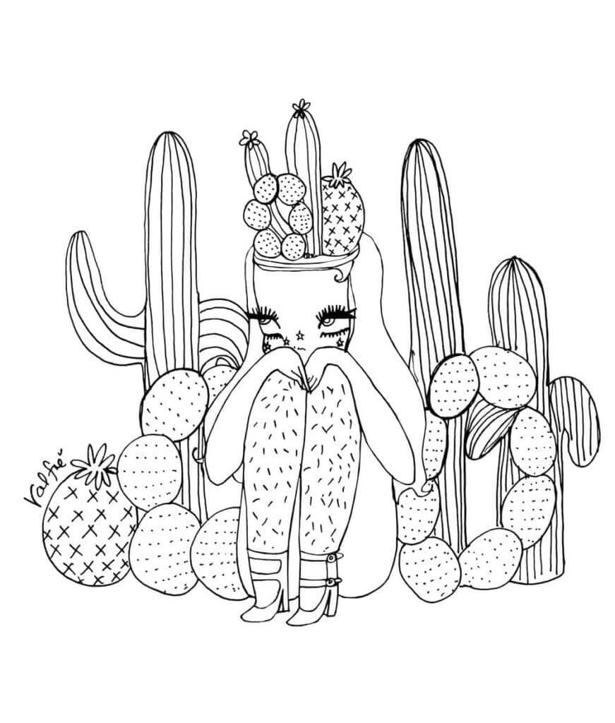 Dibujos de Estética de Niña y Cactus para colorear
