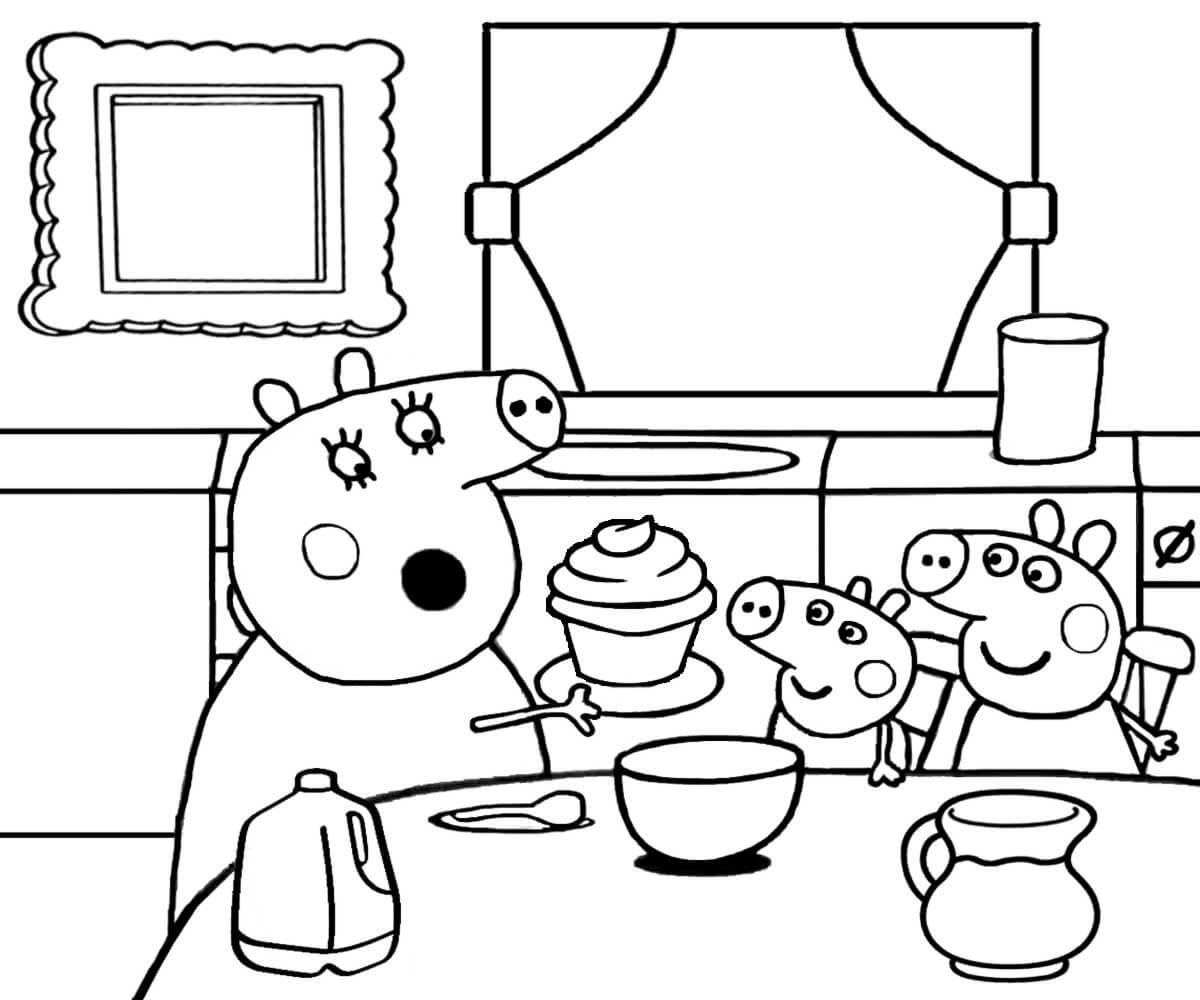 Dibujos de Familia Peppa Pig en la Cocina para colorear