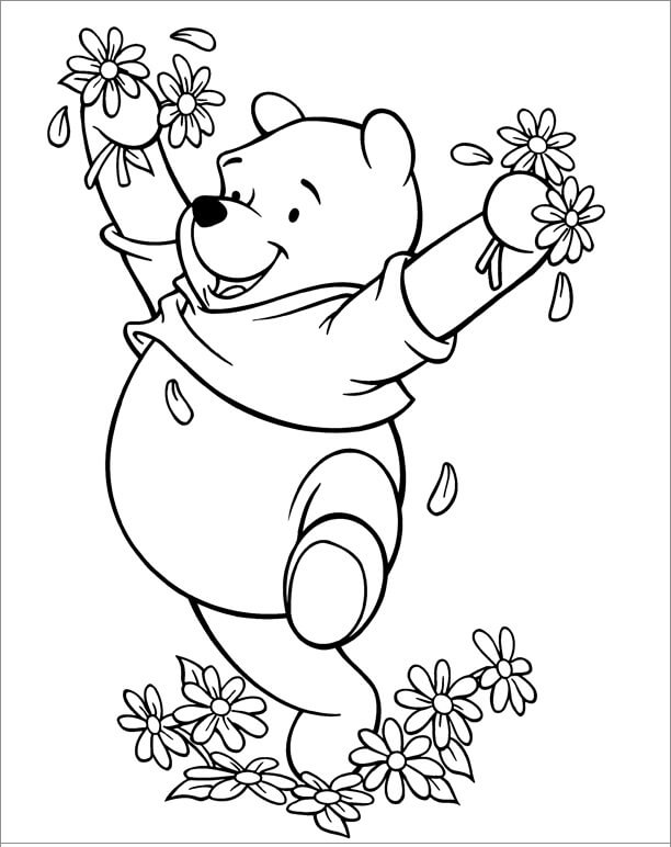 Dibujos de Feliz Winnie de Pooh con Flores para colorear