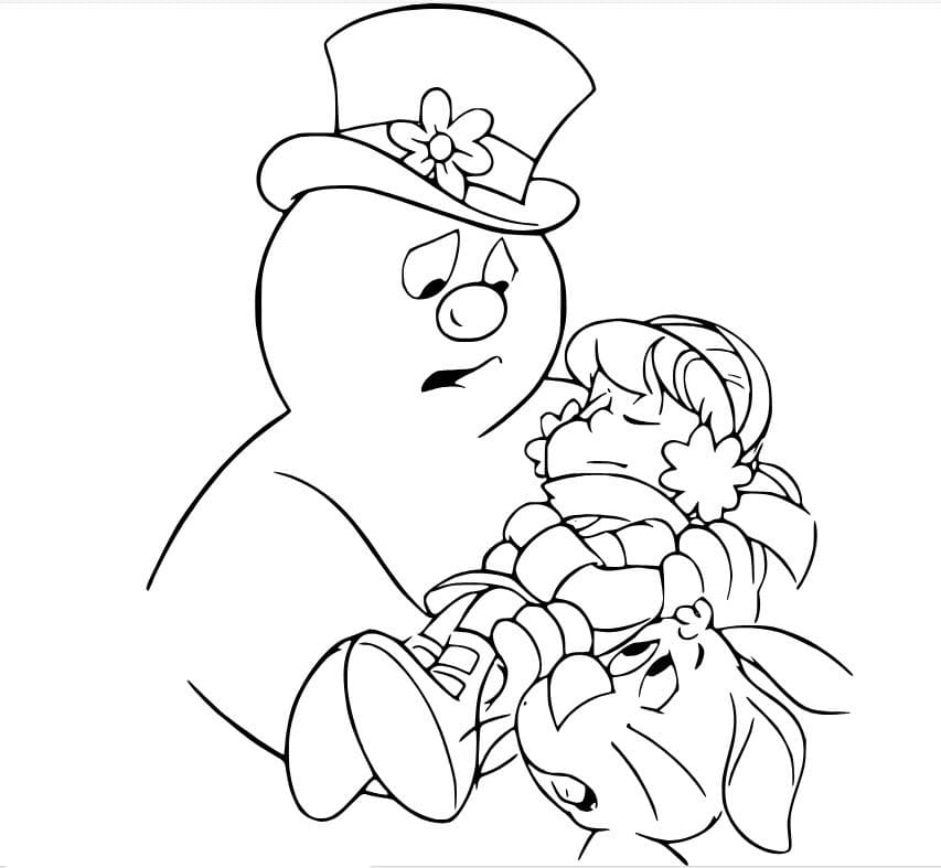 Dibujos de Frosty el muñeco de nieve sostiene a una niña para colorear