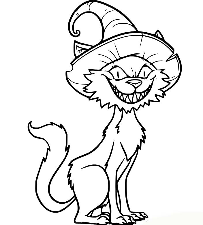 Dibujos de Gato aterrador con sombrero de bruja para colorear