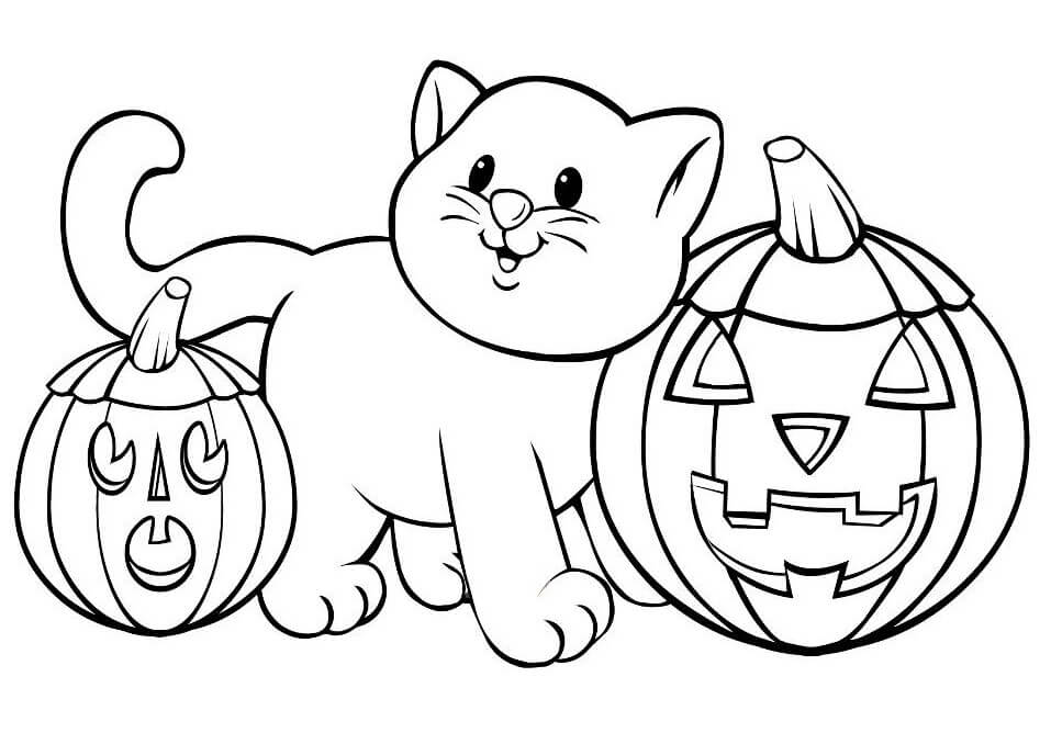 Dibujos de Gato con dos Calabazas para colorear
