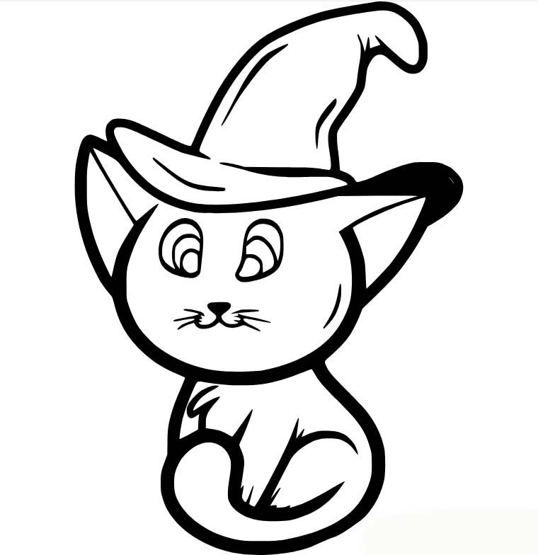 Dibujos de Gato de dibujos animados con sombrero de bruja para colorear