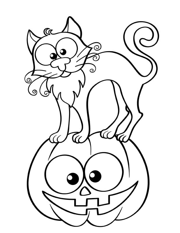 Dibujos de Gato de Dibujos Animados de pie Sobre Calabaza para colorear