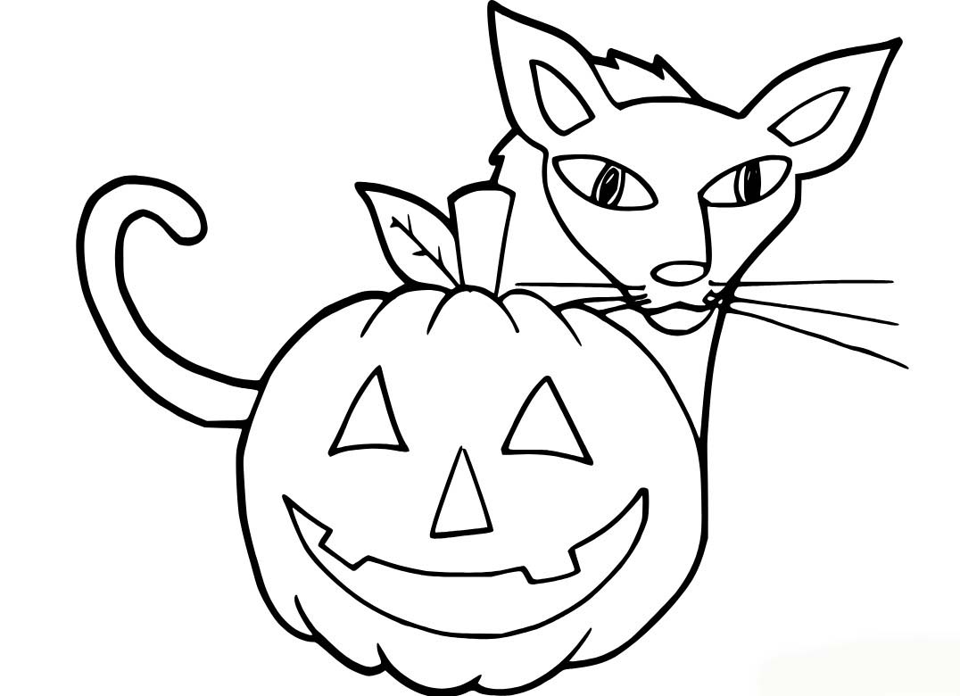 Dibujos de Gato delgado detrás de una calabaza para colorear