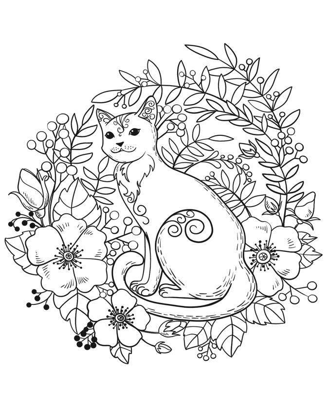 Dibujos de Gato En Flores para colorear