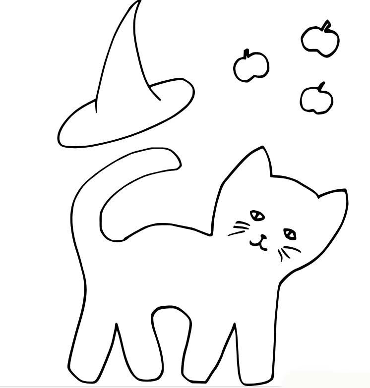 Dibujos de Gato fácil con sombrero de bruja para colorear