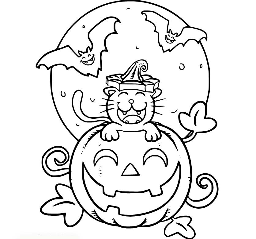 Dibujos de Gato feliz y calabaza con murciélagos. para colorear