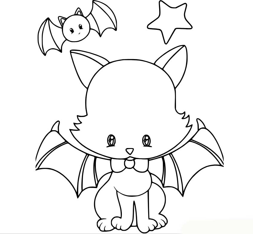 Dibujos de Gato murciélago y estrella de Halloween para colorear