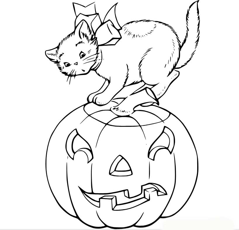 Dibujos de Gato realista en Jack O Lantern para colorear