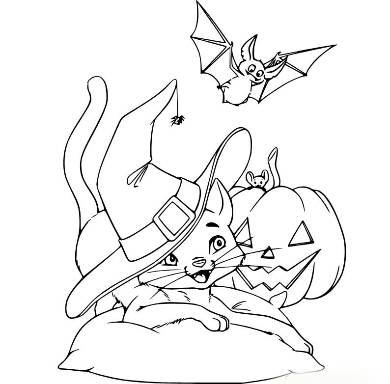 Dibujos de Gato y calabaza de Halloween para colorear