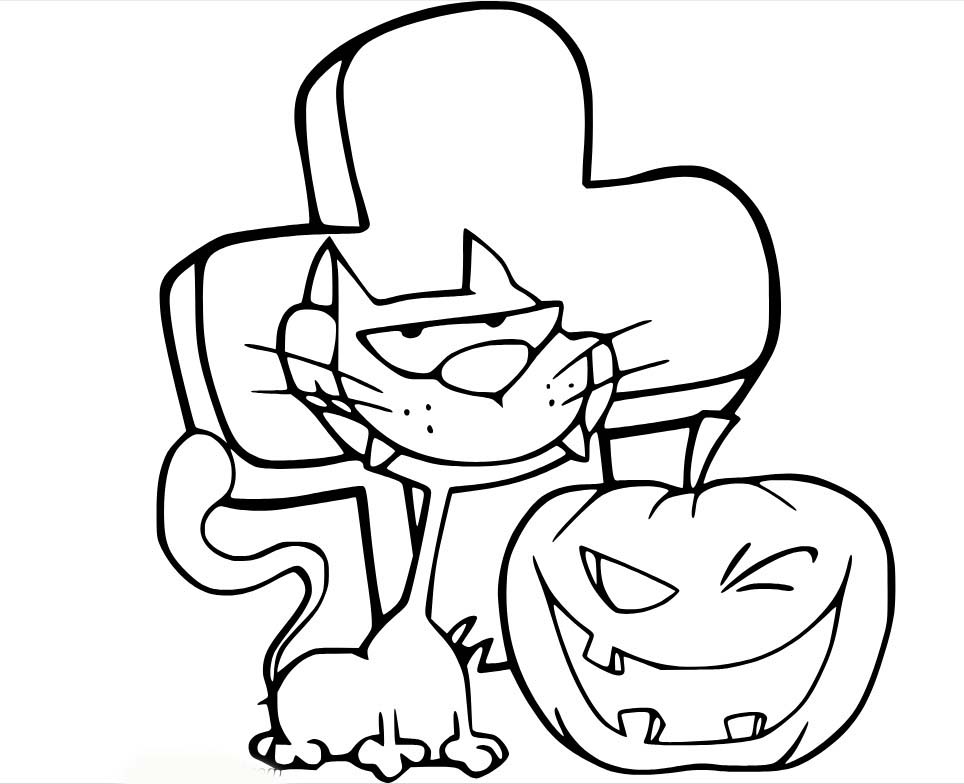 Dibujos de Gato y calabaza en el cementerio. para colorear