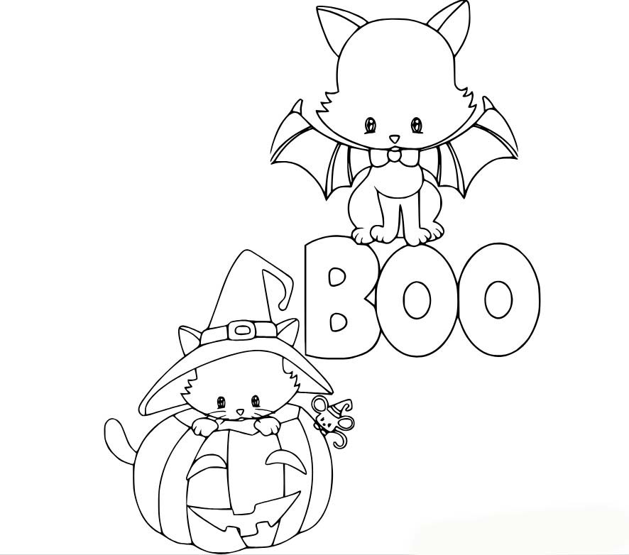 Dibujos de Gato y Murciélago con Boo para colorear