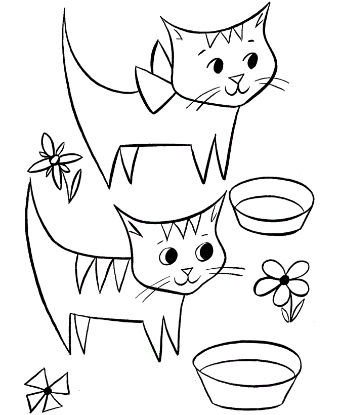 Dibujos de Gatos Con Flores Y Tazón De Fuente para colorear