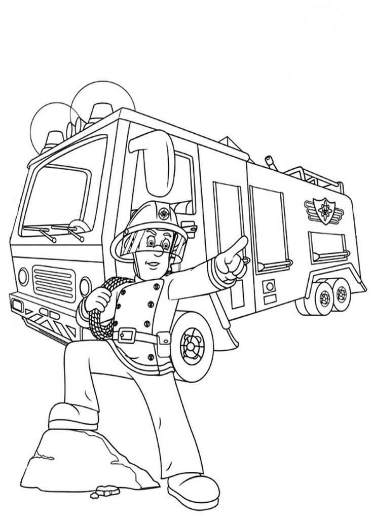 Dibujos de Genial Bombero Sam con Camión de Bomberos para colorear