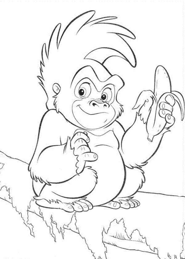 Dibujos de Gorila de Dibujos Animados Sosteniendo Plátano para colorear