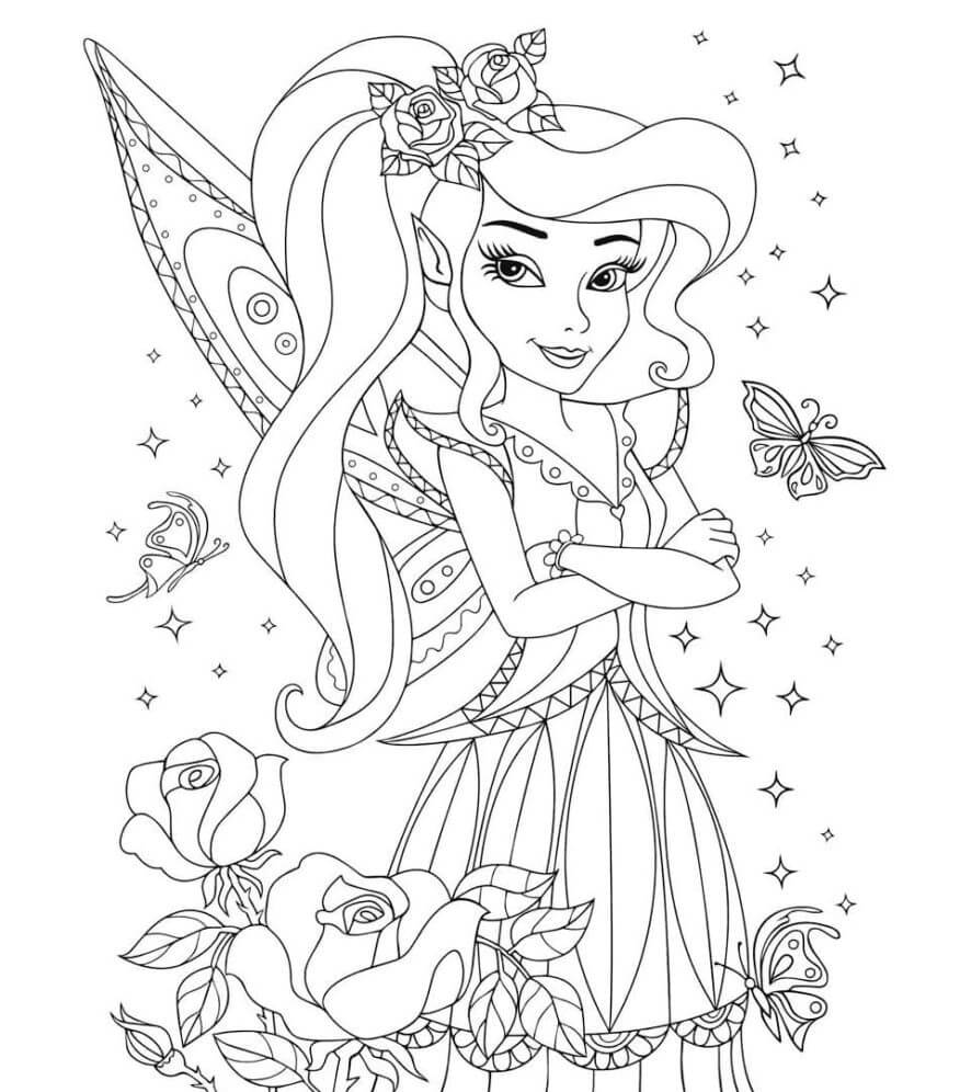 Dibujos de Hada con Mariposas y Rosas para colorear