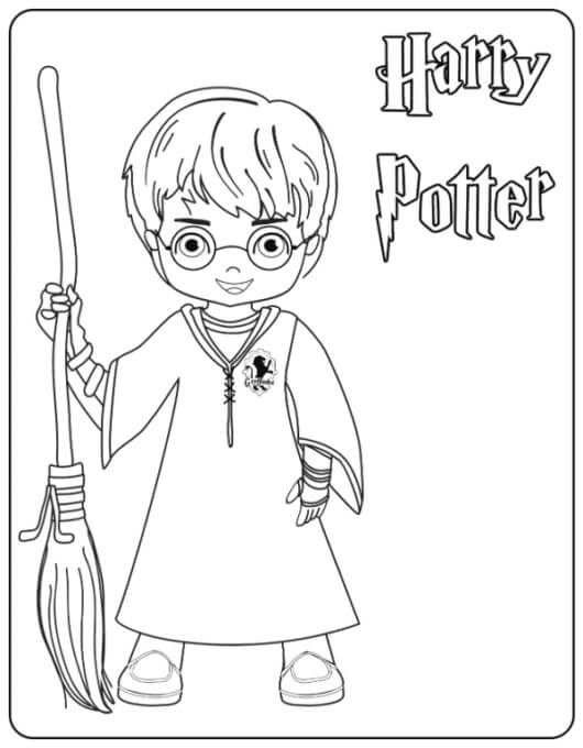 Harry Potter sosteniendo una Escoba Voladora para colorir