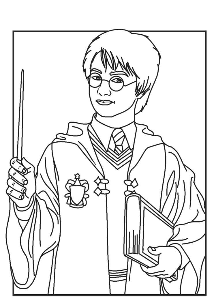 Dibujos de Harry Potter sosteniendo una Varita y un Libro para colorear