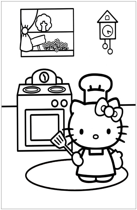 Dibujos de Hello Kitty Cocinando en la Cocina para colorear