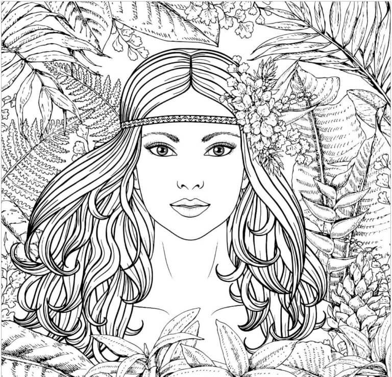 Dibujos de Hermosa chica en el bosque tropical para colorear