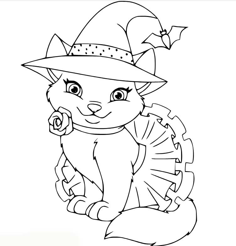 Dibujos de Hermoso gato brujo con una flor. para colorear