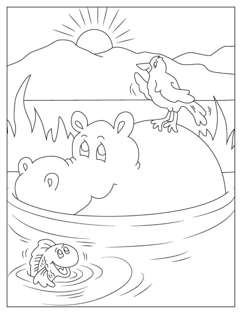 Dibujos de Hipopótamo con Pájaro y Pescado para colorear