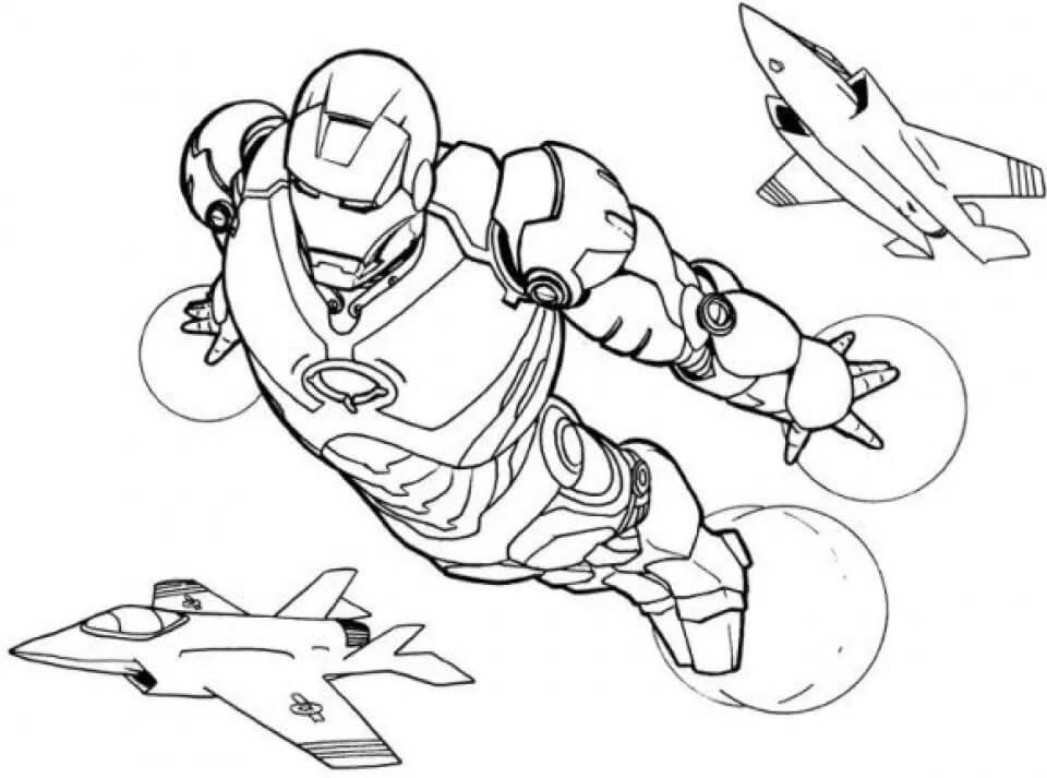 Dibujos de Ironman Volando con dos Aviones a Reacción para colorear