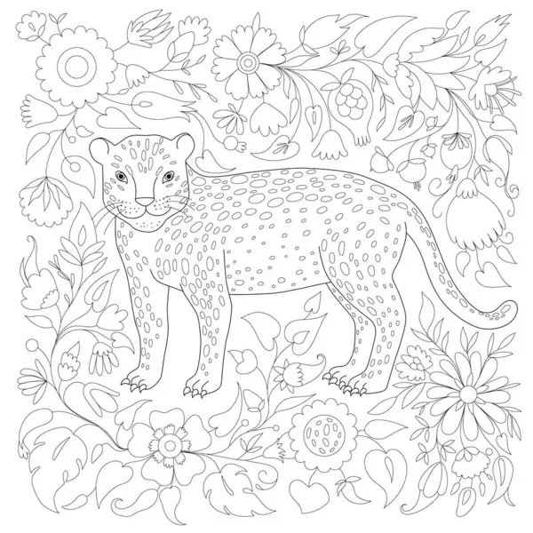 Dibujos de Jaguar con Flores y Hojas para colorear
