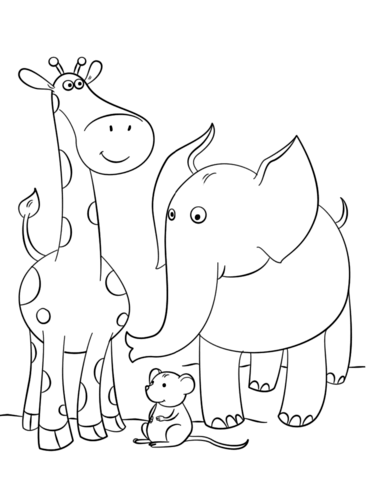 Jirafa Con Elefante Y Ratón para colorir