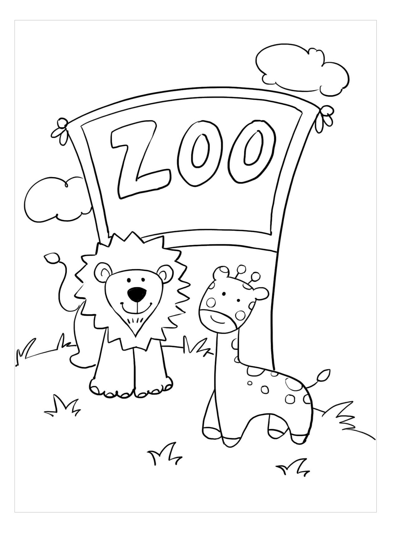 Dibujos de Jirafa y León en el Zoológico para colorear