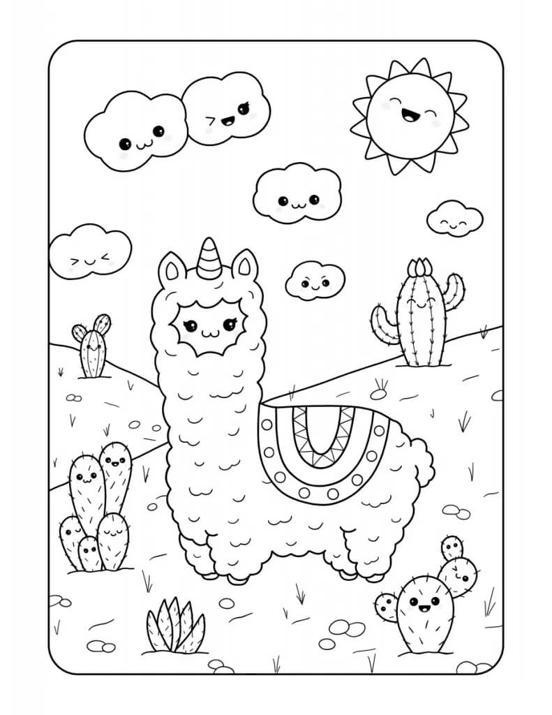Dibujos de Kawaii Llamas y Cactus para colorear