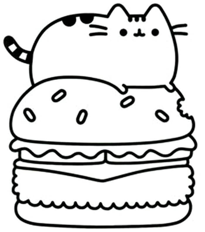 Kawaii PuSheen Gato en Hamburguesa para colorir